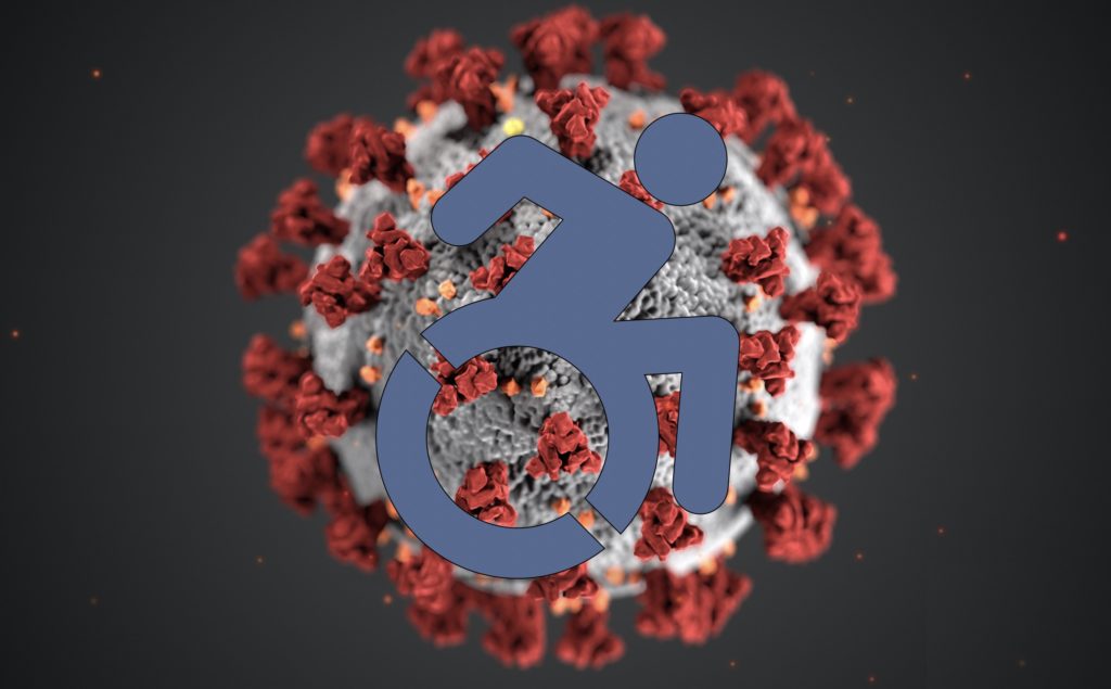 Wheelchair logo over coronavirus image
